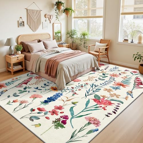 8x10 Area Rugs, Machine Washable Low Pile Floral Rugs for Living Room, Bedroom, Large Area Rug with Non-Slip Backing for Dining Room(Beige Floral) - Image 3