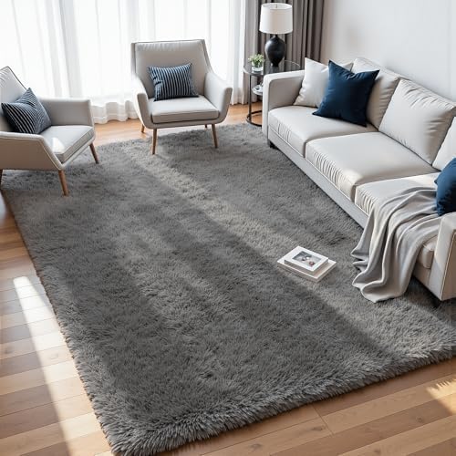 8x10 Fluffy Shag Area Rugs for Living Room Bedroom: Soft Carpet Light Gray - Image 3