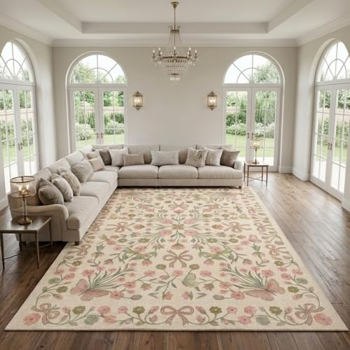 9x12 Pink and Green Vintage Floral Butterfly Bow Living Room Rug by Unknown