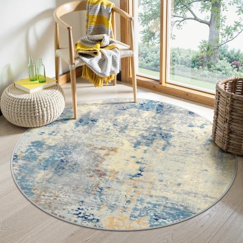 Lahome Modern Abstract Round Rug 4Ft, Blue Washable Front Door Mat Soft 4x4 Circle Rug for Entryway Bedroom Non Slip, Contemporary Indoor Floor Carpet for Living Room Sofa Bedroom Nursery Decor by Lahome