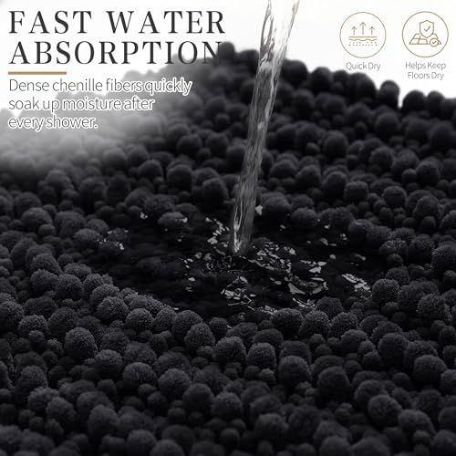 Yimobra Bathroom Rugs Non Slip Washable - Ultra Soft Absorbent Chenille Bath Mat, Quick Dry Shaggy Floor Carpet for Tub Shower, Black Home Decor Accessories, 24x17 Inch - Image 5
