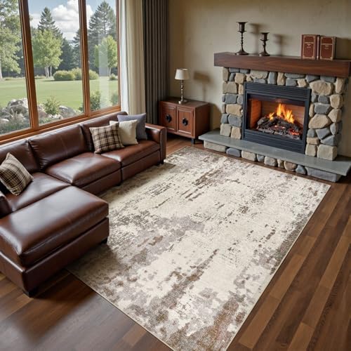 UERMEI Area Rug Living Room Rugs-Washable Neutral Modern Abstract Soft Thin Large Rug Indoor Floor No Slip Rug Carpet for Bedroom Under Dining Table Home Office Decor-Brown/Grey/Beige-7'x 9' by UERMEI