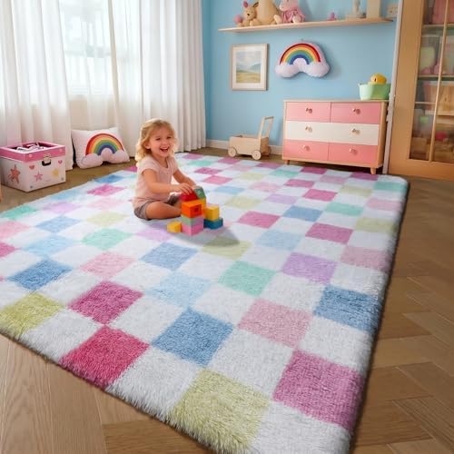 KICMOR Rainbow Checkered 6x9 Area Rugs for Living Room, Large Colorful Fluffy Soft Fuzzy Shag Shaggy Carpet for Bedroom, Cute Indoor Plush Rug for Kids Girls Boys Dorm Nursery Home Decor Aesthetic by KICMOR