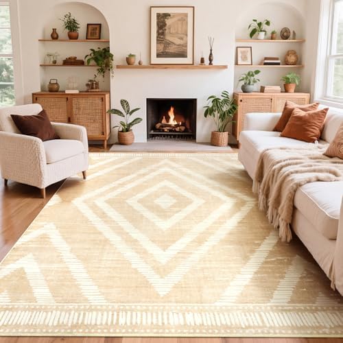 Boho Washable Area Rugs 6x9ft for Living Room, Beige Cream Thin Bedroom Rugs Non Slip, Modern Trellis Soft Kids Nusery Floor Carpets for Dining Room Playroom Home Office Decor by Geanlod