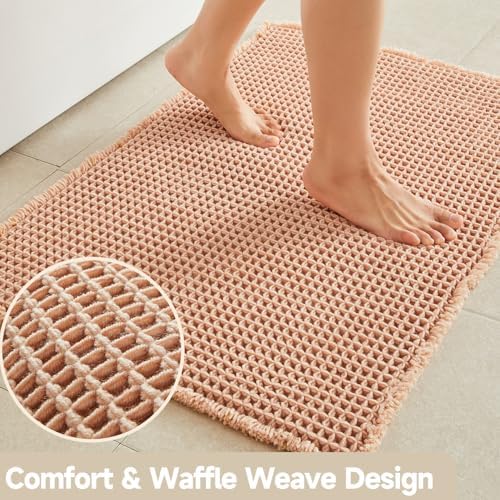 TYUU Waffle Runner Rug Bathroom, Long Boho Bath Mat, 60x24 Light Peach - Image 3