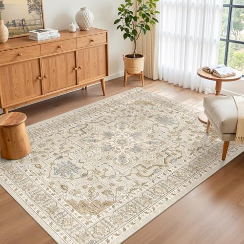 Madane Area Rug 4x6 Washable Rugs Vintage for Living Room, Beige/Blue by Madane