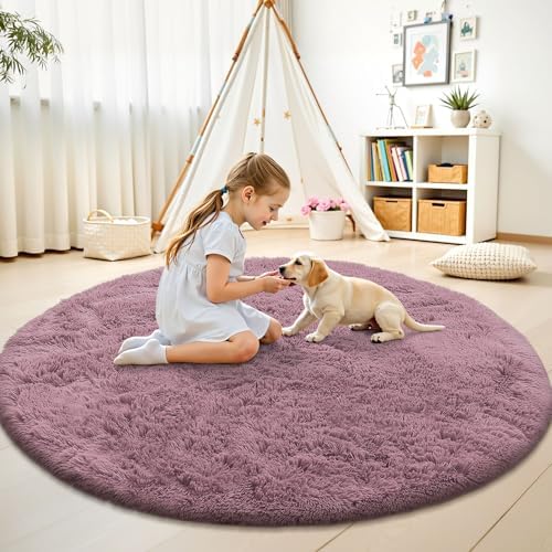 OLANLY Blush Round Rugs for Bedroom - Machine Washable, 6 ft Circle Area Rugs for Living Room, Soft and Fluffy Shaggy Carpet for Teen Girls and Boys, Nursery Rooms, Dorms, Home Decor Aesthetic - Image 2