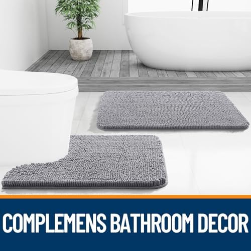 OLANLY Chenille Bathroom Rugs Sets 3 Piece, 59"x20"+24"x16"+24"x20", Grey - Image 6