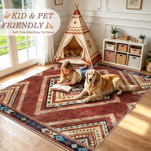 Boho Washable Rugs 5x7ft for Living Room, Vintage Red Soft Bedroom Kids Nursery Area Rugs Non Slip, Moroccan Thin Dining Room Area Floor Carpets for Playroom Kitchen Home Office Decor - Image 5