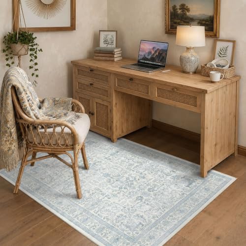 4x6 Washable Bedroom Area Rug Non-Slip Vintage Blue Throw Carpet - Image 3