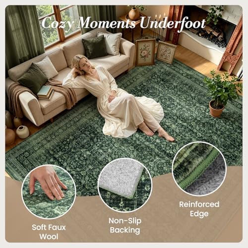 Moss Green 6x9 Area Rugs for Living Room, Vintage Washable Boho Rug - Image 6