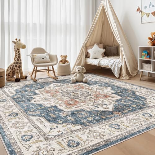 8x8 Square Area Rug: Washable Vintage Blue Area Rug for Living Room - Image 6