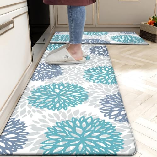 Teal Kitchen Mats Set of 2 Cushioned Anti Fatigue Kitchen Rugs Non Slip Waterproof Runner Memory Foam Kitchen Floor Mat Comfort Standing Mat for Sink,Office,Laundry by tubeamin