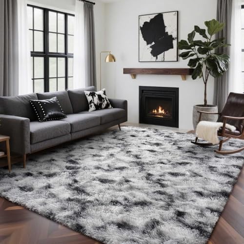 6x9 Ft Large Shag Rugs for Living Room Decor, Tie-Dyed Ultra Soft Fluffy Furry Area Rugs for Bedroom Indoor Floor, Aesthetic Carpet for Kids Home (Black White) by Cuzwlovita