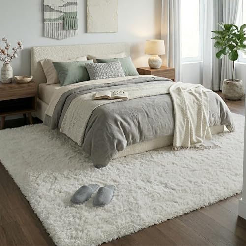 8x10 Ft Cream White Fluffy Area Rug for Living Room, Washable - Image 3