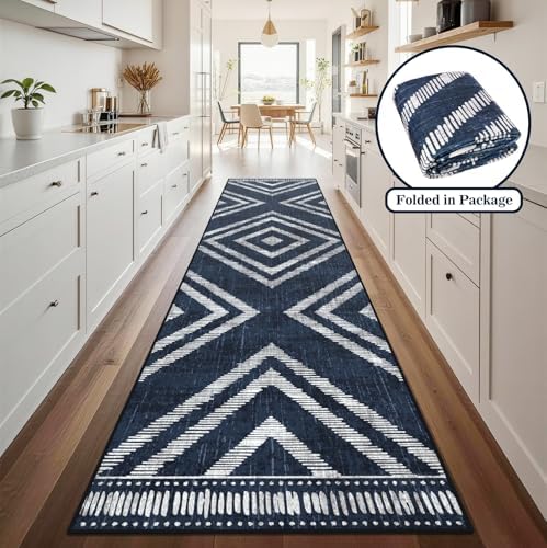 2x10Ft Boho Hallway Rug Runners Non Slip, Navy Blue Geometric Washable Kitchen Runner Rugs, Soft Thin Modern Farmhouse Entrance Floor Carpets for Entryway Doorway Bedroom Home Decor - Image 2