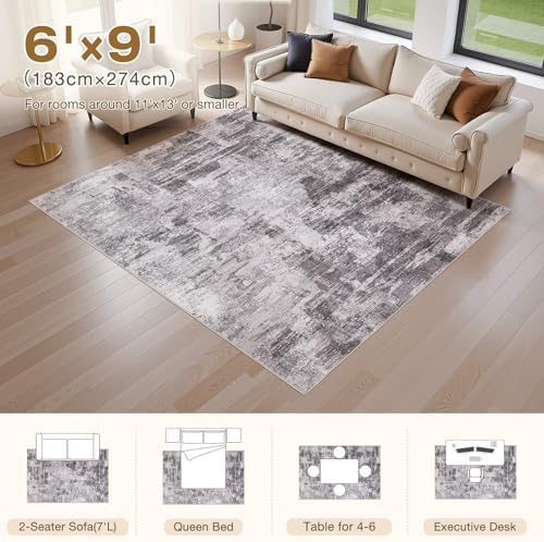 kakania Abstract 6x9 Area Rugs for Living Room: Washable Rugs Grey - Image 2