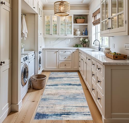 Kitchen Washable 3x6 Runner Rug - Modern Abstract Non Slip Light Weight Runner Rugs for Small Homes Stain Resistant Hallway Bedroom Carpet Indoor Home Decor Floor Mat for Laundry Bathroom 3x6 Blue - Image 4