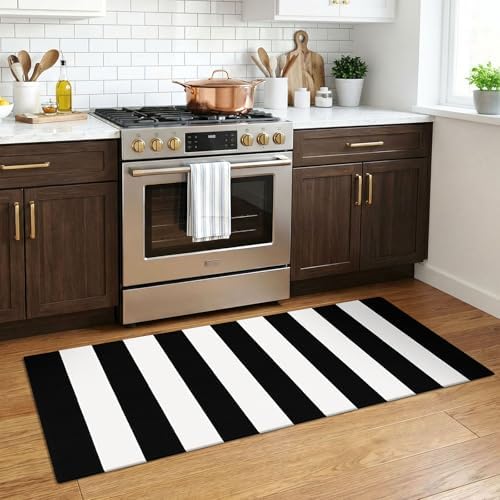 KOZYFLY Black and White Striped Runner Rug 2x4.3 ft Mat Woven Cotton Rug - Image 2