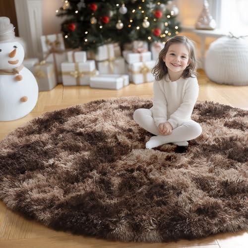 Amdrebio Brown Tan Round Fluffy Kids Area Rug 5Ft for Bedroom Living Room - Image 5