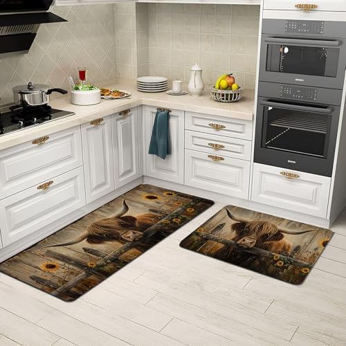 Farmhouse Kitchen Rugs Sets of 2 Non Slip Washable, Country Rustic Brown Highland Cow Kitchen Mats for Floor 2 Piece Home Decor - Image 4