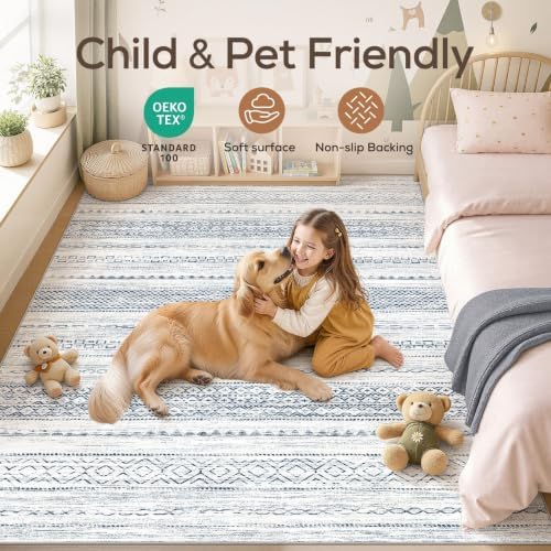 Nakagishi 6x9 Area Rugs Living Room: Washable Boho Large Neutral Soft Farmhouse Rug Stain Resistant Modern Indoor Floor Non-Slip Carpet for Bedroom Nursery Playroom Office Dining Room Dorm-White Blue - Image 4