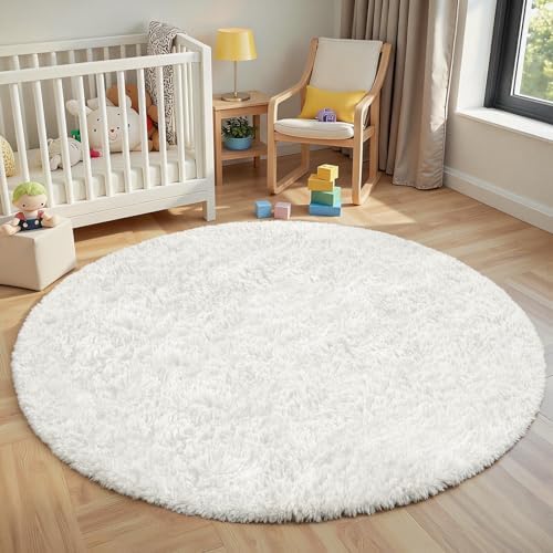White Round Fluffy Rug 6ft Plush Fuzzy Shaggy Carpet by Unknown