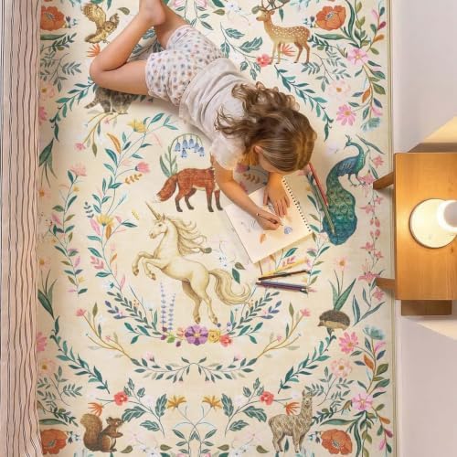 jinchan 5x7 Kids Rug Washable Unicorn Nursery Rug Cute Girls Bedroom, Cream by JINCHAN