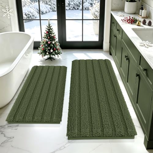 Christmas Striped Olive Green Bathroom Rug Mat Set 2 piece 24"x17"+48"x20" Ultra Soft, Non Slip Chenille Bath Rugs, Absorbent Plush Shaggy Bath Mats for Bathroom, Bedroom, Kitchen, Shower, Tub by ACCUMTEK