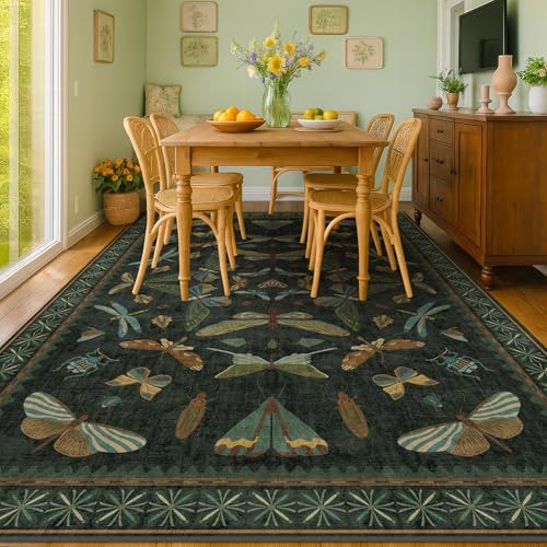 6x9 Dark Green Area Rugs for Dining Room - Rugs for Living Room, Bedroom Under Bed, Insect Moth Floral Non Slip Low Pile Floor Carpet by HazoHaus