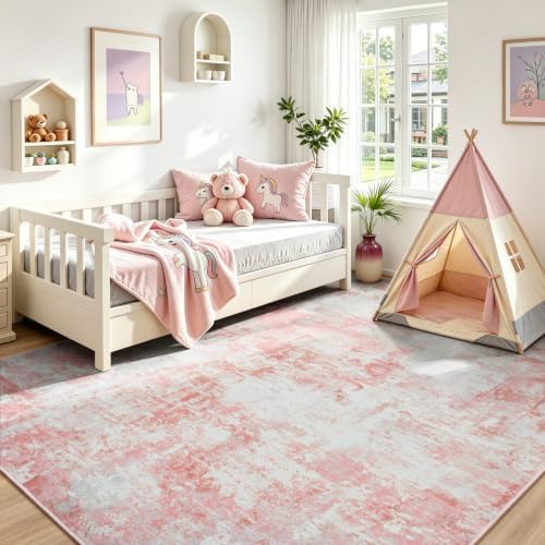 Rugflix 5x7 Area Rugs for Living Room, Washable Pink White Large Rug by RugflixAreaRugs