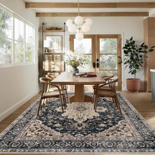 Area Rugs 9x12 Vintage Rug: Large Washable Living Room Rug Retro Medallion Distressed Soft Low Pile Non-Slip Indoor Floor Carpet for Bedroom Dining Table Office (BeigeBlack,9'x12') - Image 4