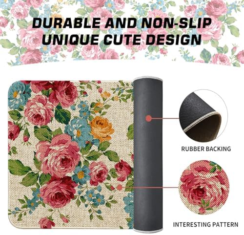 Red Pink Floral Kitchen Mats for Floor 2 Piece Home Decor, Country Spring Flower Kitchen Rugs Sets of 2 Non Slip Washable - Image 5