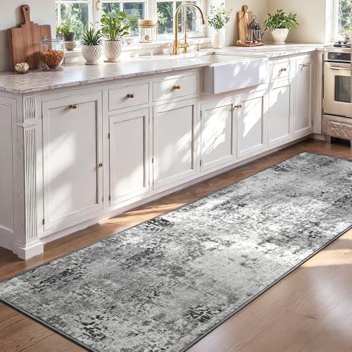 2x7 Grey Rug Runners for Hallways Kitchen Runner Rug Non Slip Washable Black Long Runner Rugs with Rubber Backing Soft Abstract Carpet Runner for Bedroom, Kitchen, Bathroom, Entryway - Image 2