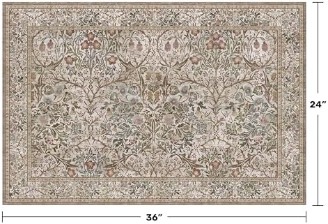 Moss Green Washable 2x3 Entry Rug - Front Door Rugs Indoor, Vintage Floral Style Small Rug for Kitchen, Bathroom, Non-Slip Boho Vintage Dark Taupe Entryway Décor - Image 2