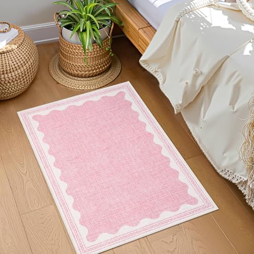 GarveeHome Door Mat Indoor Rugs for Entryway Small Rug 2x3 Washable Non-Slip Solid Pink Modern Minimalism Low-Pile Scalloped Throw Carpet for Girls Bedroom Kitchen Bathroom Entrance - Image 2