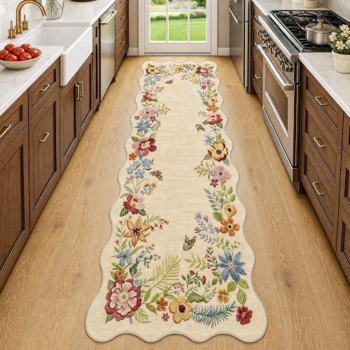 FMFUNCTEX 3x8 Hallway Runner Rug Washable Beige Floral Vintage Scalloped - Image 2