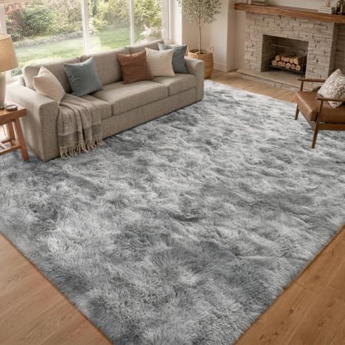 9x12 Extra Large Fluffy Area Rugs for Living Room Tie-Dyed Light Grey - Image 4