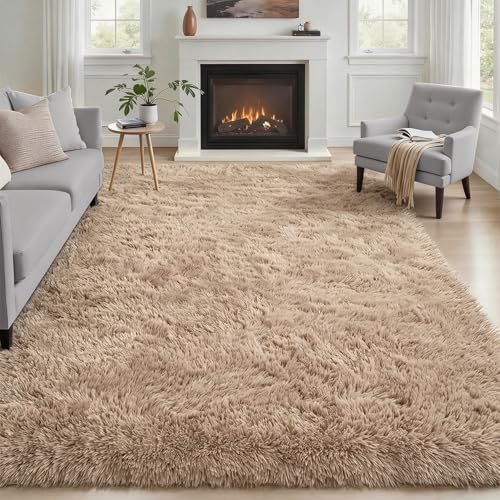 Area Rug Living Room Bedroom: 6x9 Fluffy Plush Shag Carpet Beige by Luxturiy