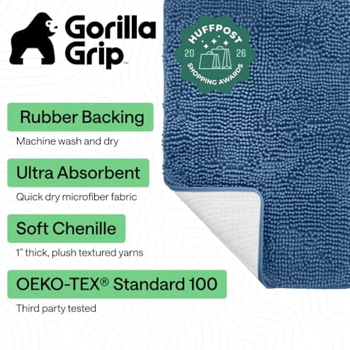 GORILLA GRIP Bath Rug Mat for Bathroom, Absorbent Chenille, 48x17 Blue - Image 2