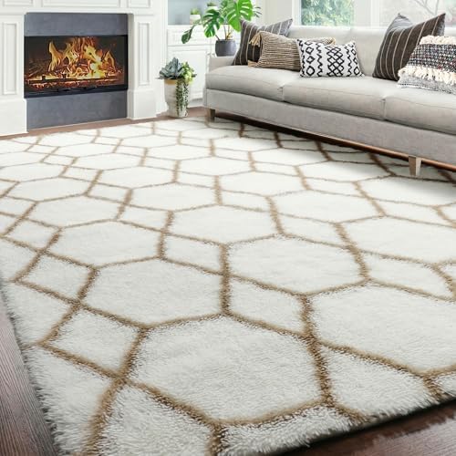 6x9 Area Rugs for Living Room Bedroom, Fluffy White and Beige Geometric Rug - Image 5
