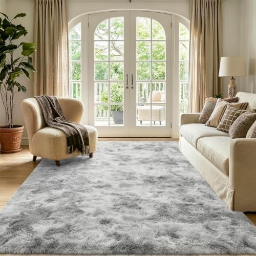 5x7 Tie-Dyed Grey Fluffy Soft Area Rug Non-Slip for Living Room Bedroom - Image 2