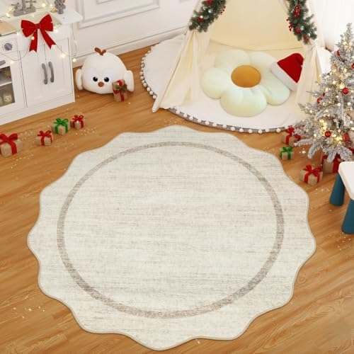 GarveeHome Scalloped Round Rugs 6 ft Washable Area Rug for Playroom, Beige - Image 2