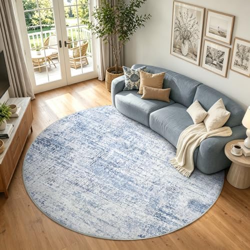 6ft Round Abstract Washable Area Rug for Living Room Blue by Cuzwlovita