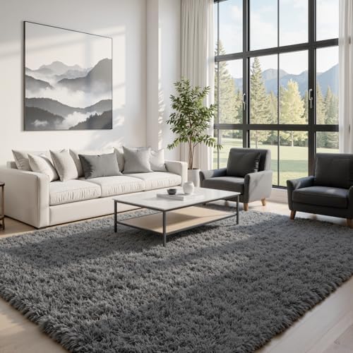 9x12 Fluffy Shag Area Rugs for Living Room Bedroom: Soft Plush Carpet Grey - Image 2