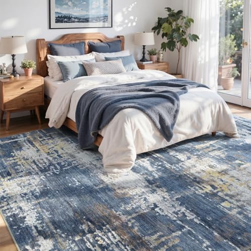 8x10 Ft Abstract Washable Area Rugs for Living Room Gold Blue - Image 4