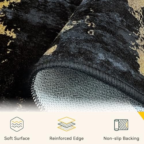 RELEANY Washable Runner 2'6"x12' Abstract Area Rug for Hallway Black Gold - Image 3