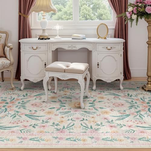Pink Floral Area Rug 6x9,Soft Washable Girls Bedroom Rug for Nursery, Living Room or Playroom,Boho Vintage Non-Slip Carpet for Kids or Teen Girl Room Decor - Image 3
