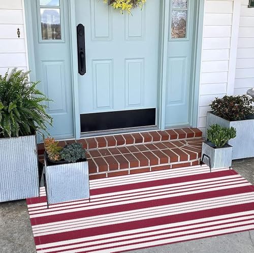 BUAGETUP Red and White Outdoor Rug 24"x51"Washable Front Porch Rug - Image 6