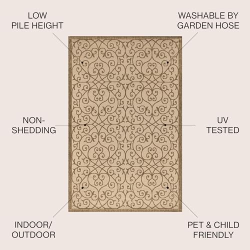 JONATHAN Y Vintage Filigree Indoor Outdoor Round Area Rug 9 Ft Beige/Brown, Madrid Textured Weave for Backyard, Patio, Porch, Easy-Cleaning, High Traffic, Pet-Friendly, Non-Shedding (SMB107B-9R) - Image 3